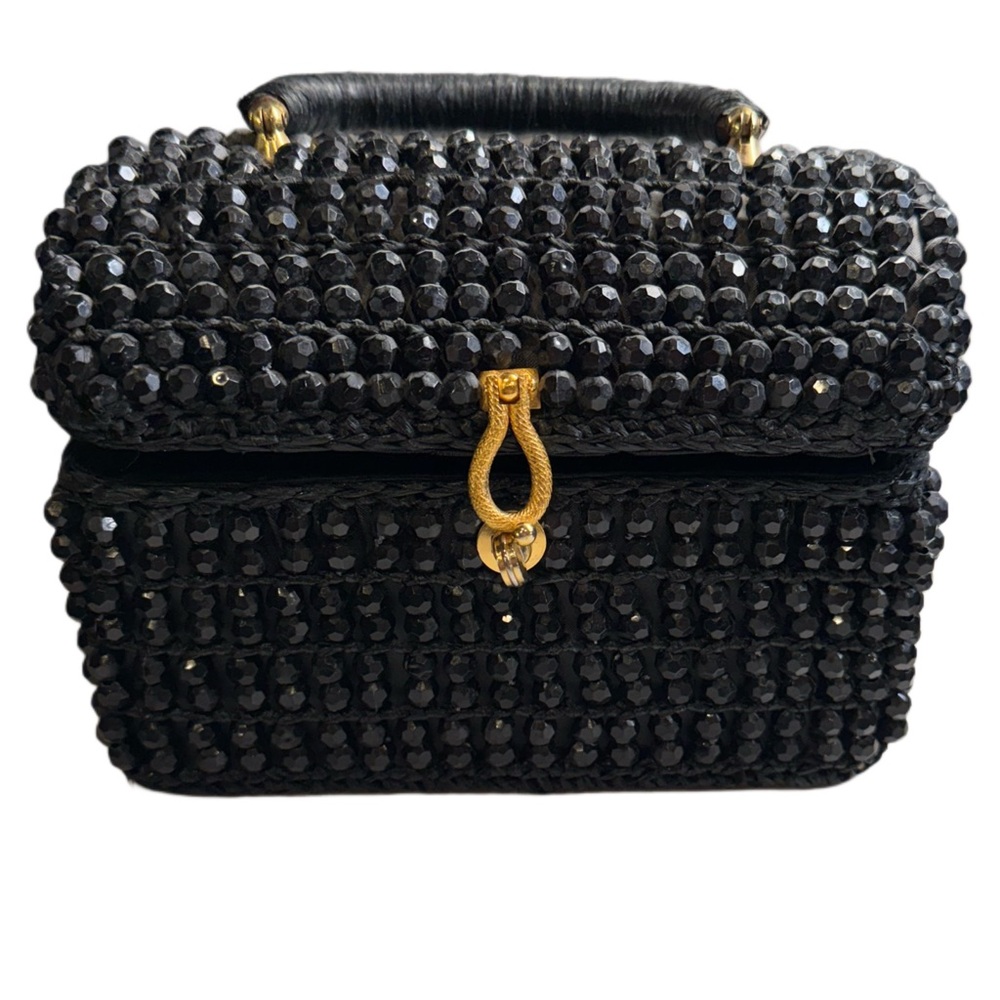VINTAGE ANTIQUE black beaded box Style purse Elegant Black Beaded Handbag - Picture 5 of 10